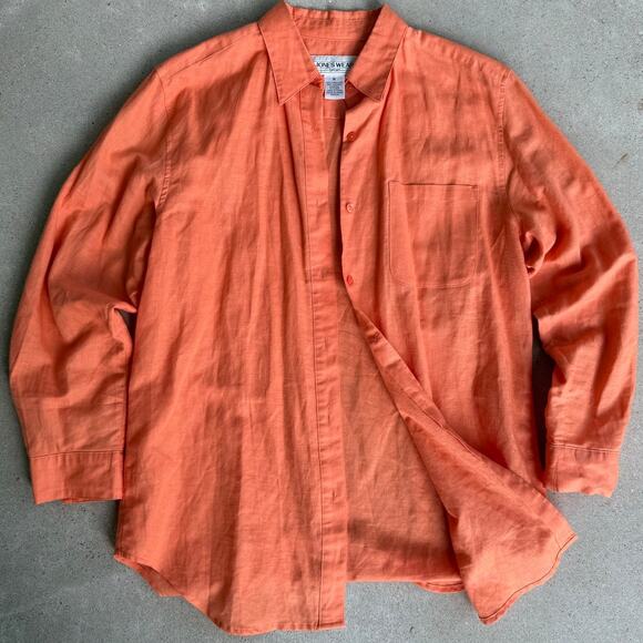 Y2K Flowy Linen Costal Coral Orange Jones Wear Button-up Longsleeve Shirt Medium - Picture 3 of 7